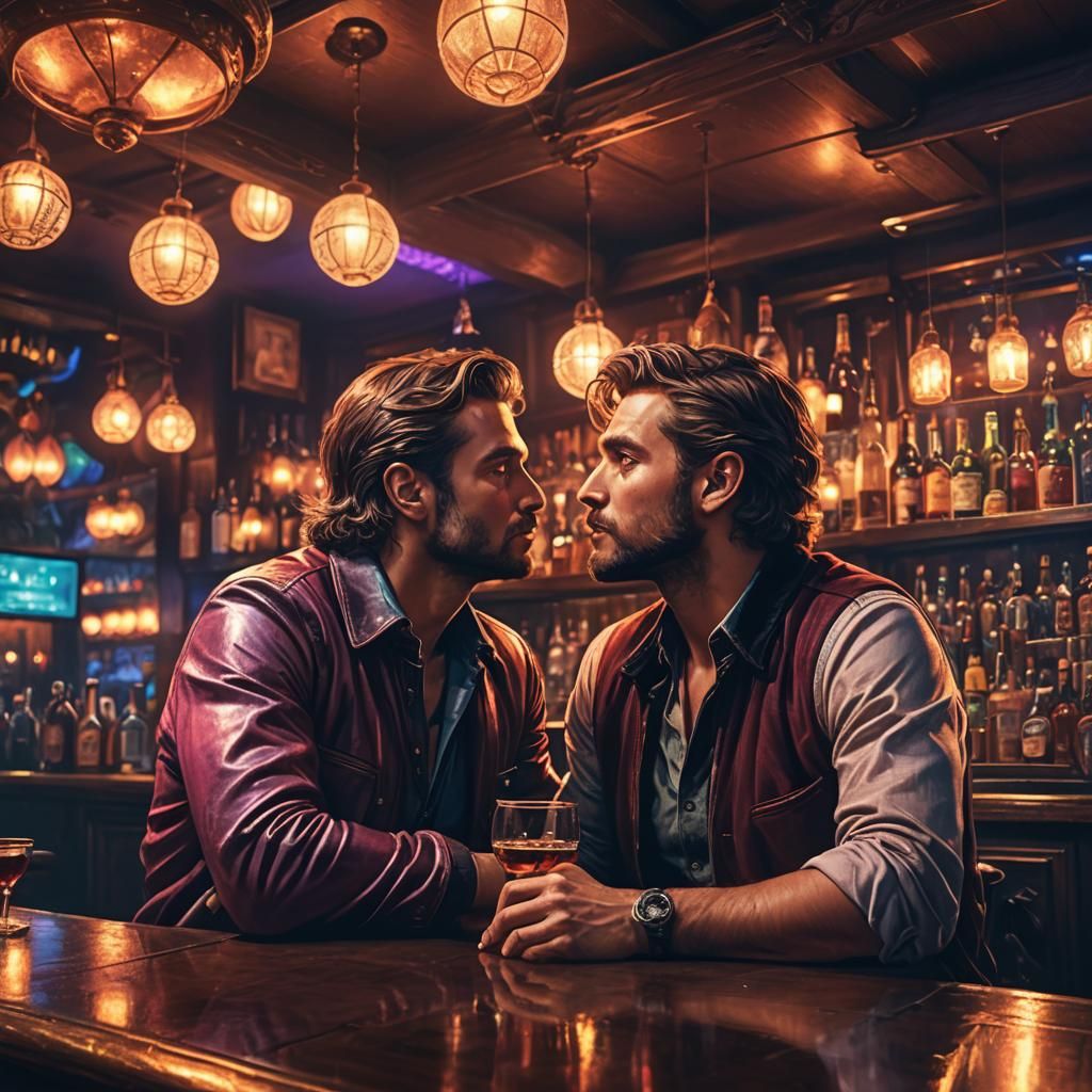 Two Men Kissing in a Fantastical Art Deco Bar
