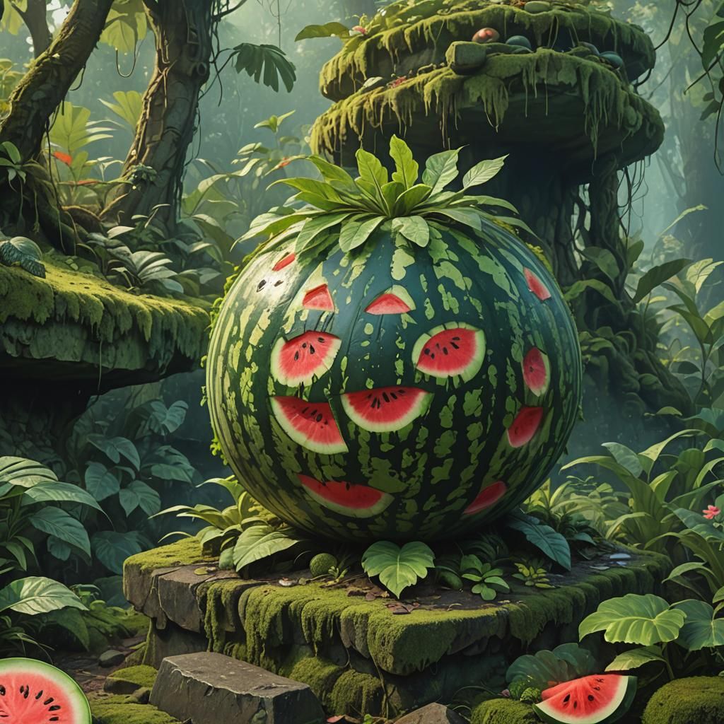 Watermelon on Stone Pedestal: Fantasy Concept Art