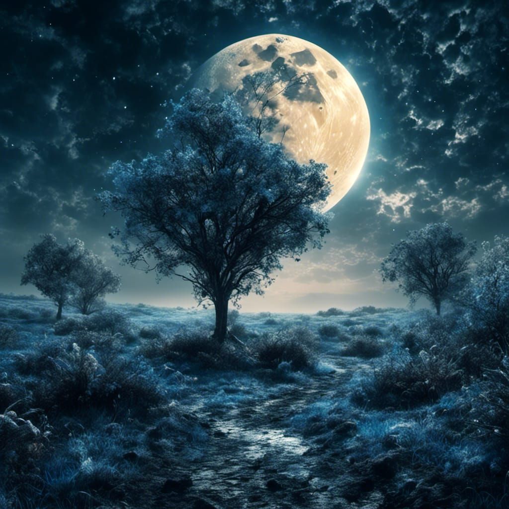 Surreal Nocturnal Landscape with Black and Blue Moon