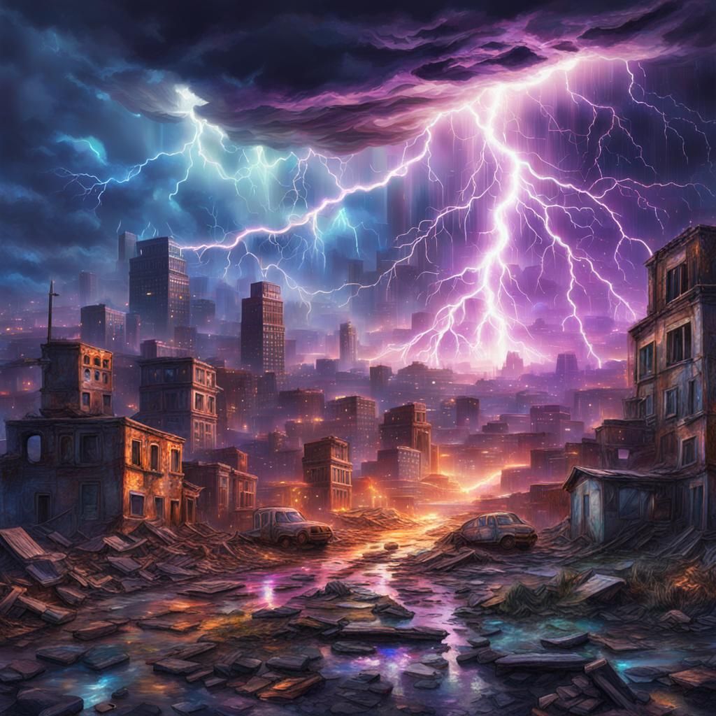 Lightning Storm Over Decaying City: Astral Illustration