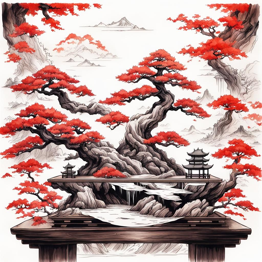 Fantasy Bonsai Tree Ink Drawing on Scroll