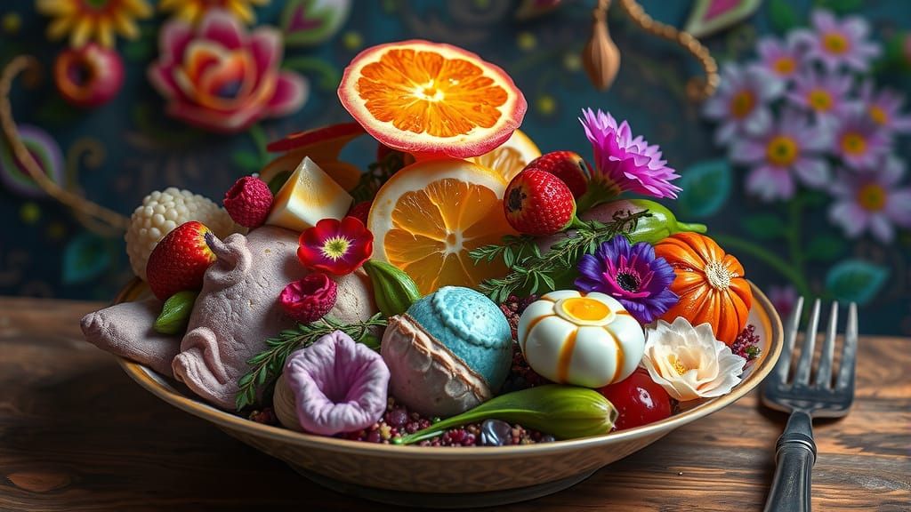 Surreal Food Still-Life Made of Metal, Glass and Flowers