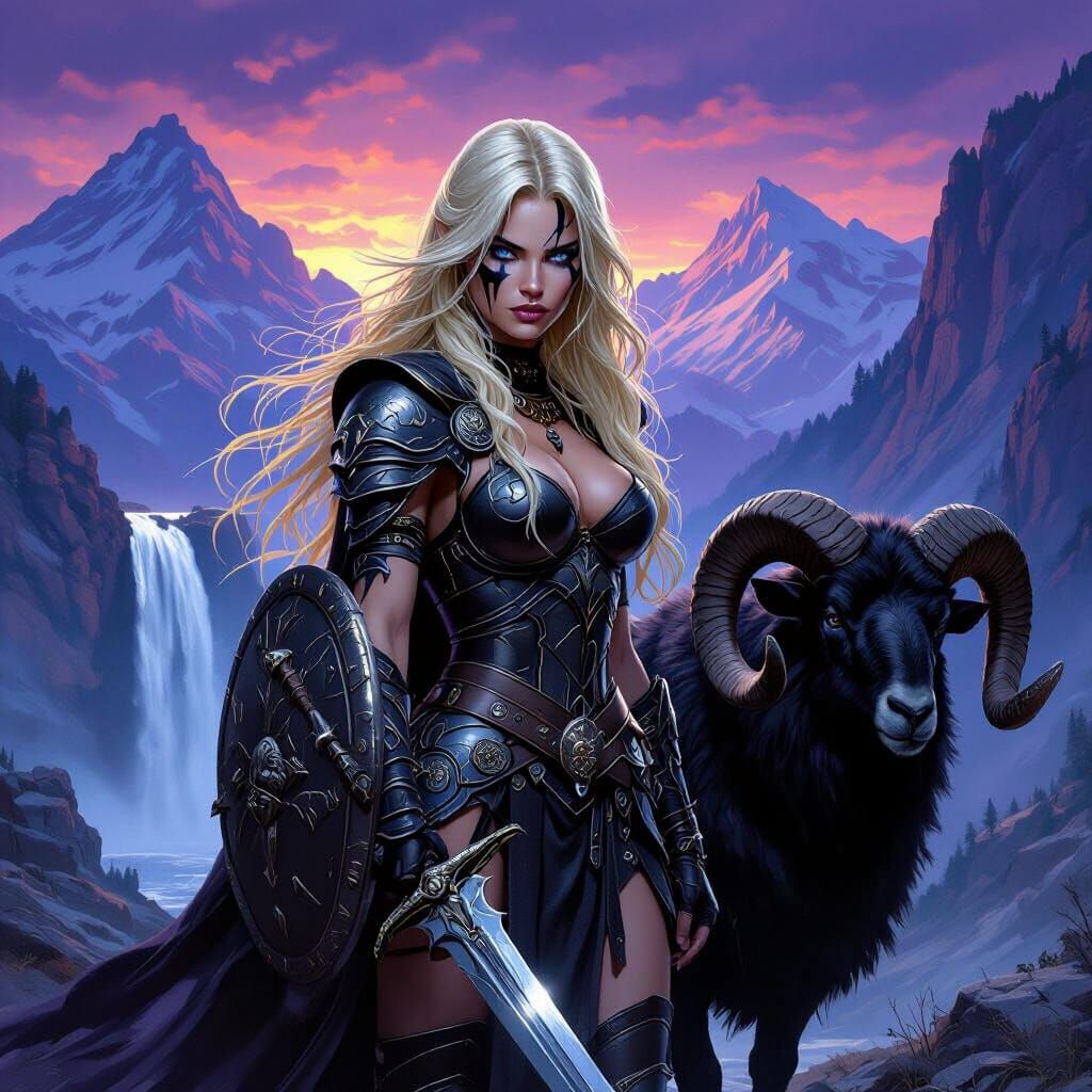 Armored Warrioress and Ram at Dusk, in Fantasy Art Style