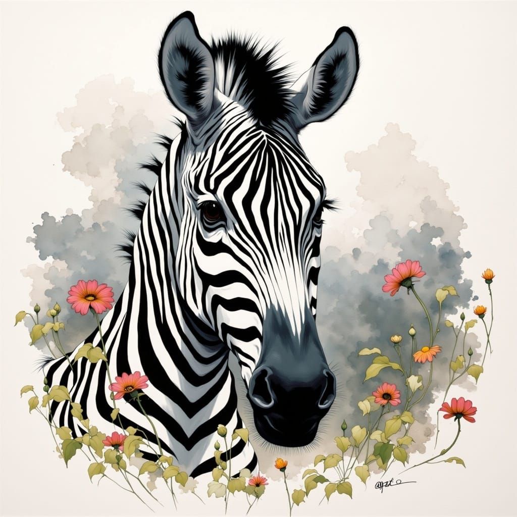 Charcoal Zebra Portrait with Floral Accents