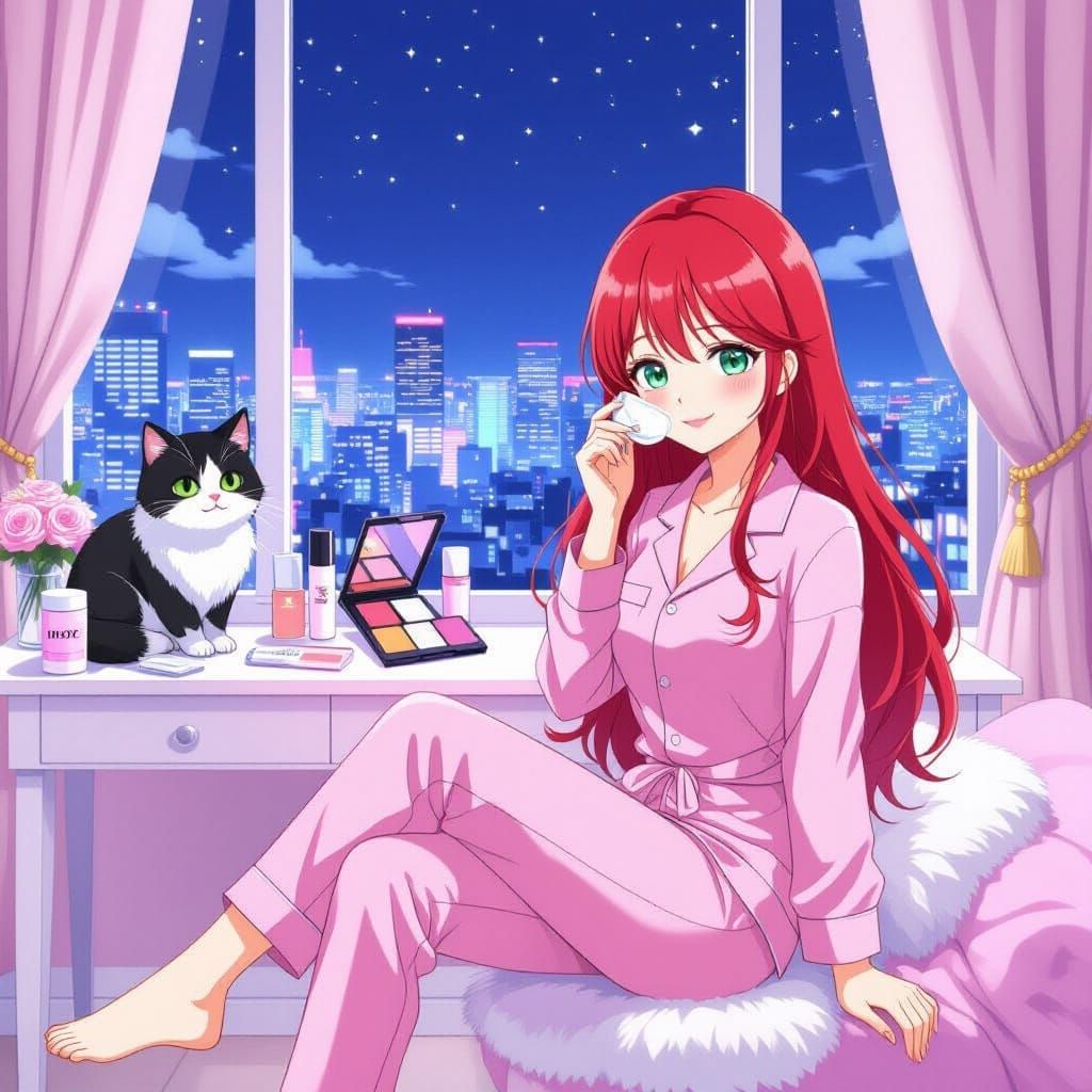 Petite Japanese Woman in Manga Style with Cat