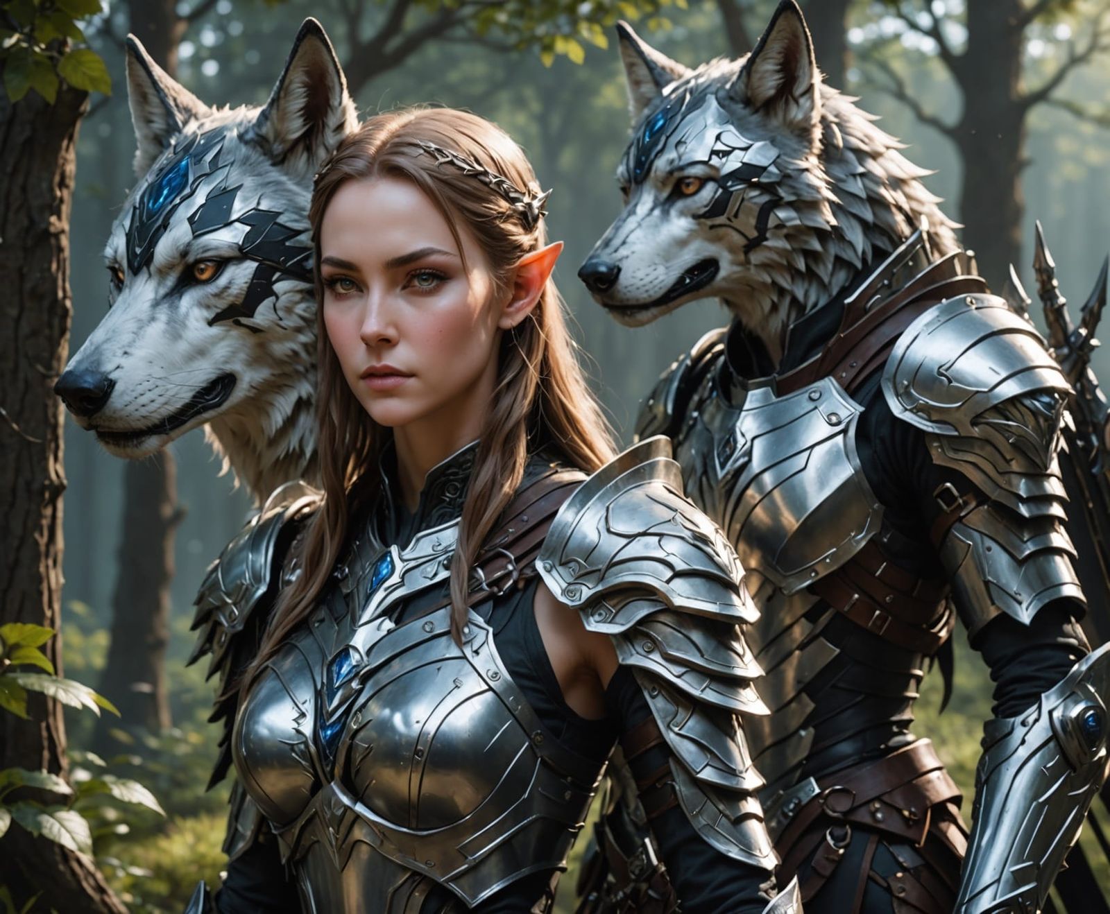 Elven maiden wearing armor with a cybernetic wolves