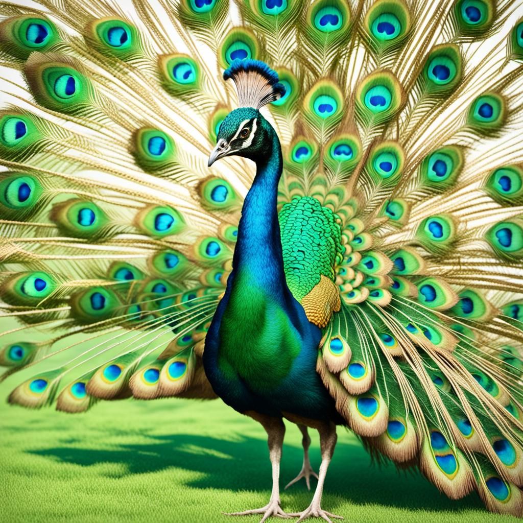 Green Peacock in Sunny Grassy Field