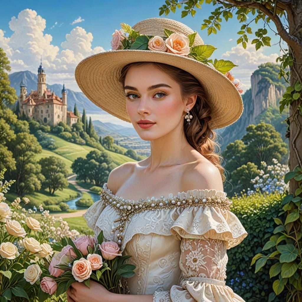 Elegant Noblewoman in 18th Century Garden Setting
