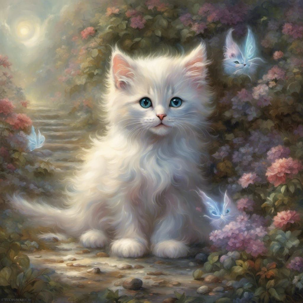 Ethereal Kitten in Misty Fantasy Landscape