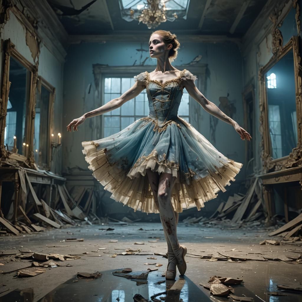 Zombie Ballerina Dances in Ruined Studio in Oil Painting Sty...