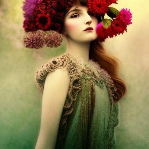 Art Nouveau Portrait with Yarn and Flowers