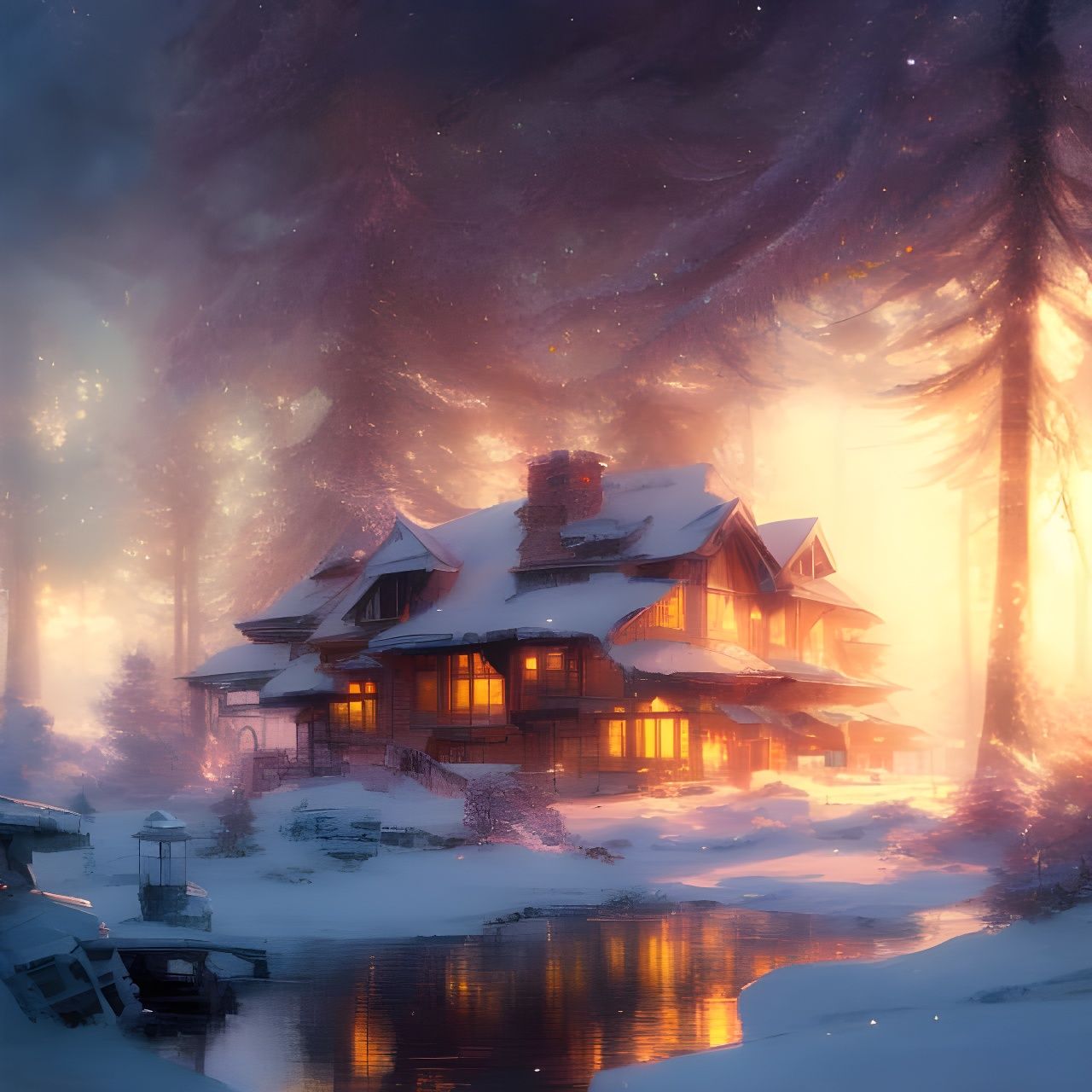 Sunny Snowy Lakeside Cabin Under Stars