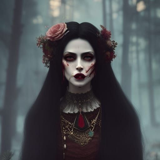 Sad Vampire Woman Portrait in Maximalist Style