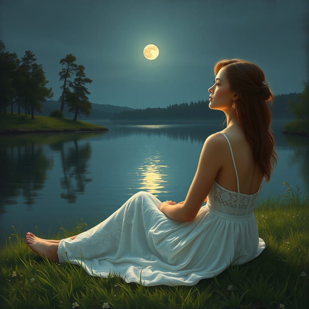 Woman Gazing at Moonlit Lake in Dreamy Style