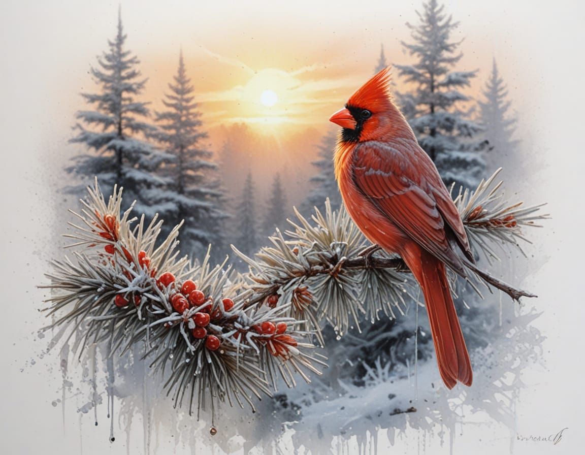 Cardinal at Winter Sunrise in Crystalline Forest