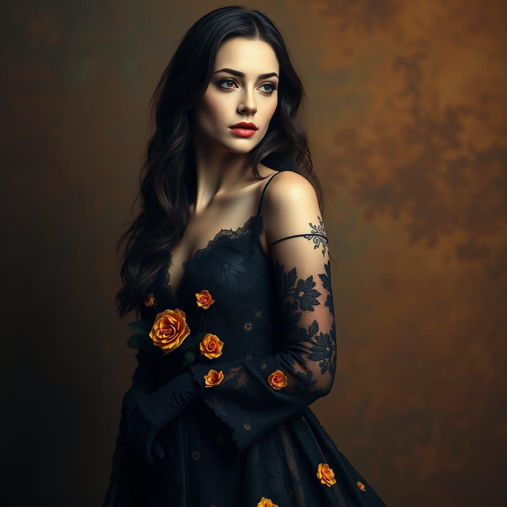 Gothic Goddess in Elegant Black Lace Gown