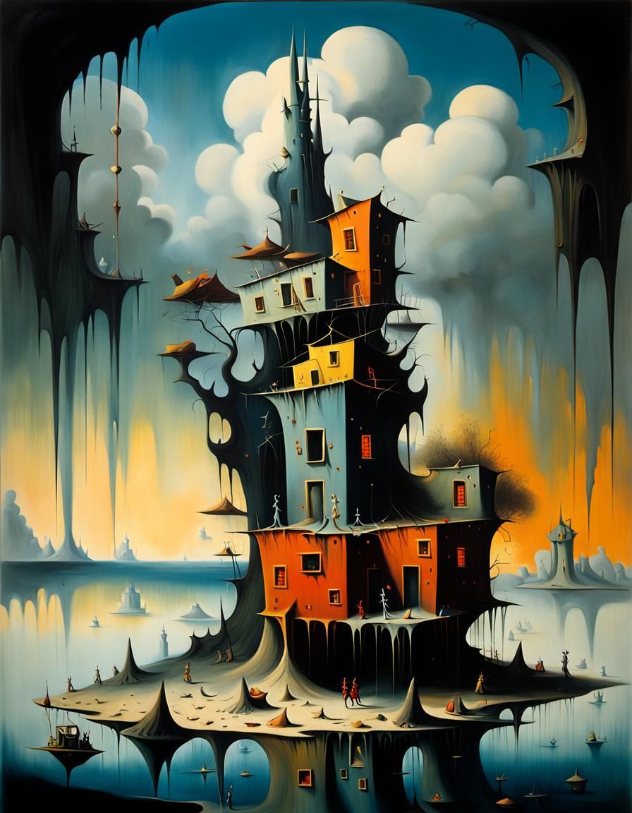 Surreal Furniture Made of Houses in Oil on Canvas