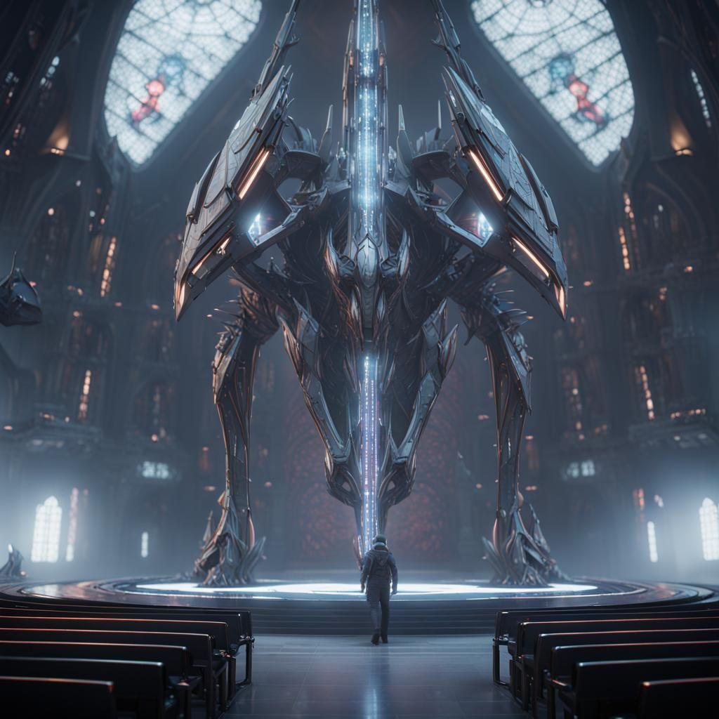 Futuristic Dragon Church with Stained Glass in Sci-Fi Style