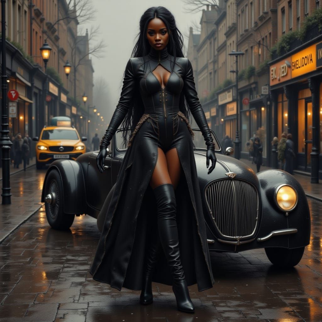 London Night: Woman and Bentley in Rain