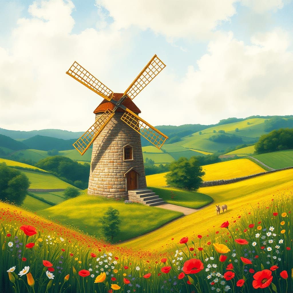 English Windmill in a Lush Countryside, Impressionistic Styl...