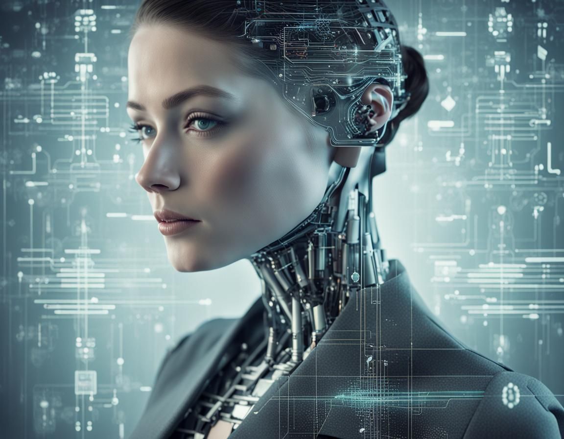 Futuristic Woman and Robot Face on Screen