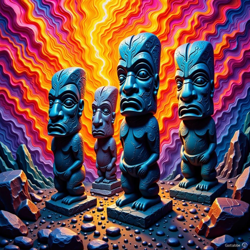 Explosive Color Tiki Figures in Abstract Expressionist Style