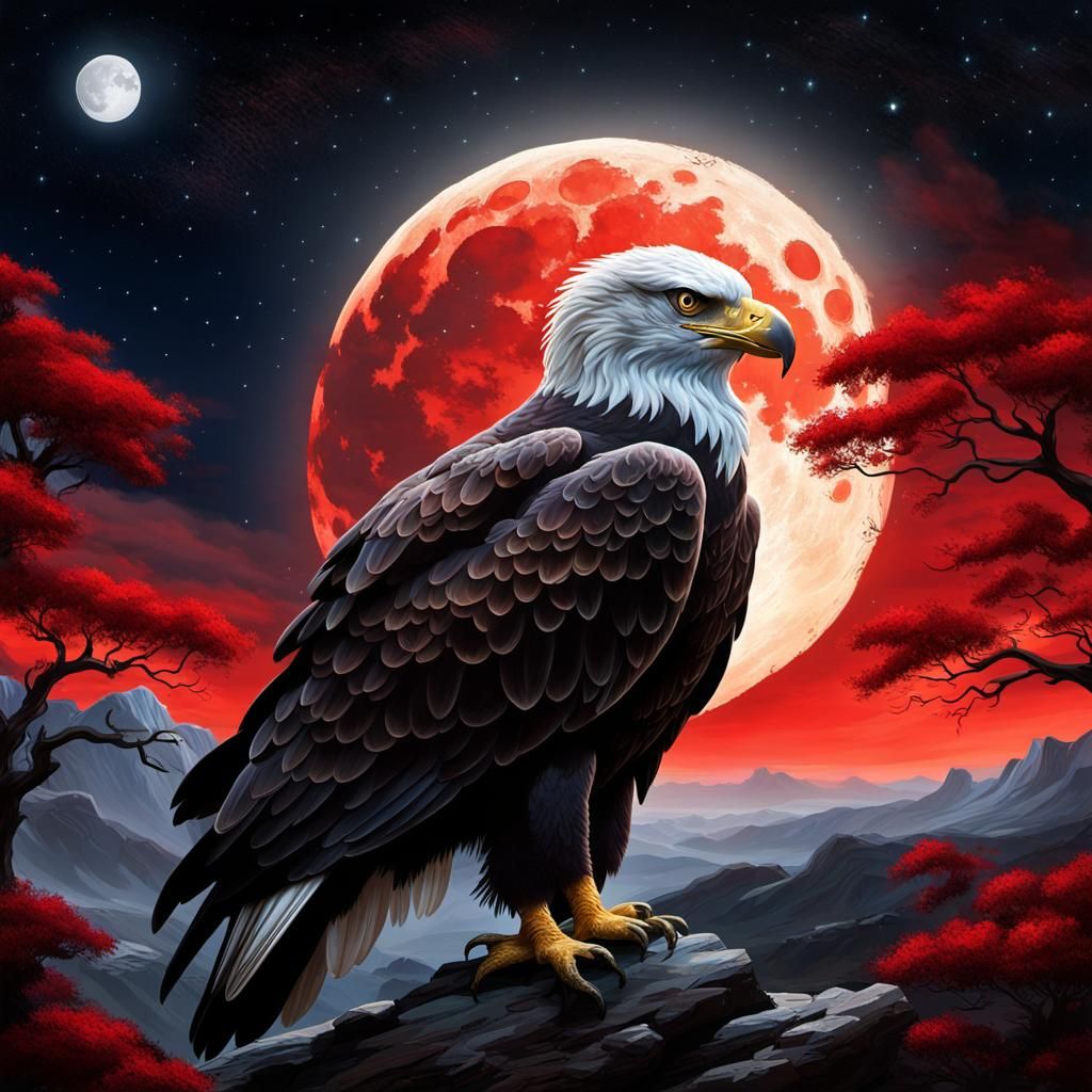 Sea Eagle Silhouette Under Blood Moon: Oil Painting