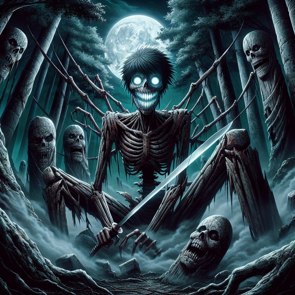 Anime style scene with a scary create, something made of stone and something broken. Simon Says challenge!