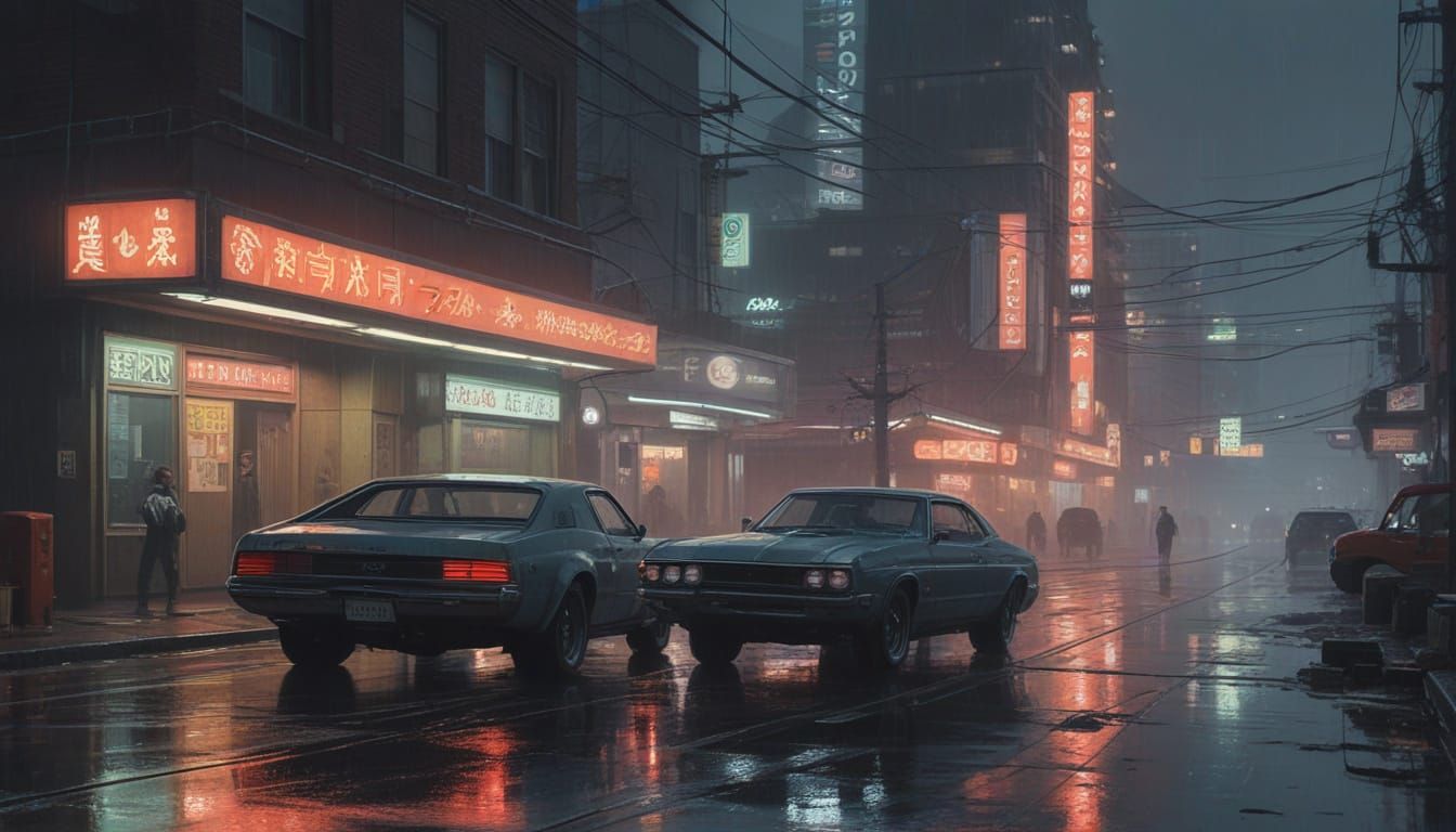 hyper-realistic photo, cyberpunk, dystopian, neon lights, diffused lighting, street scene, rain, wet streets, no people ...