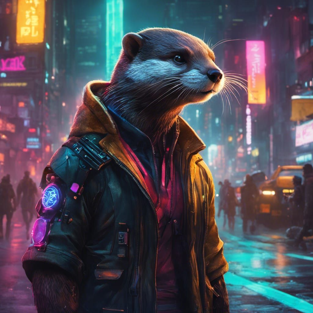 Cyberpunk Otter in Neon Cityscape