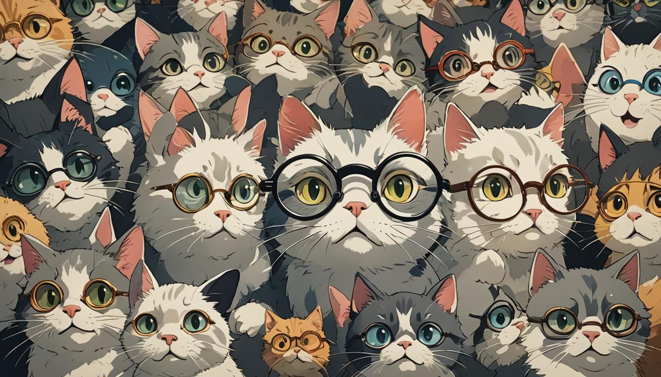 Cute Cartoon Cat in Ghibli Style With Glasses