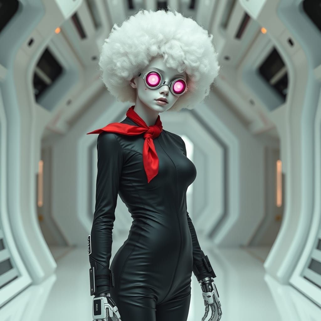 Cyberpunk Albino Woman in Futuristic Biomechanical Facility