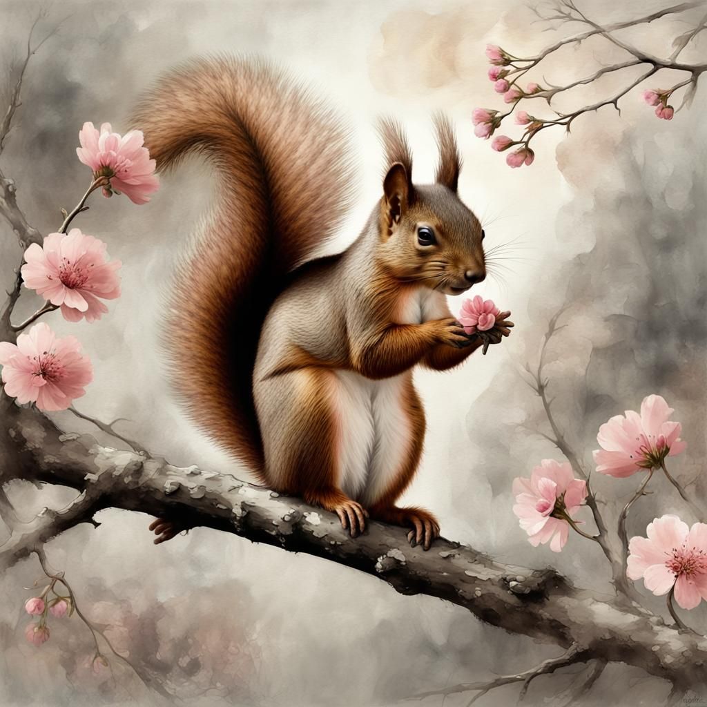 Squirrel with Flowers: Watercolour Art in Ethereal Colors