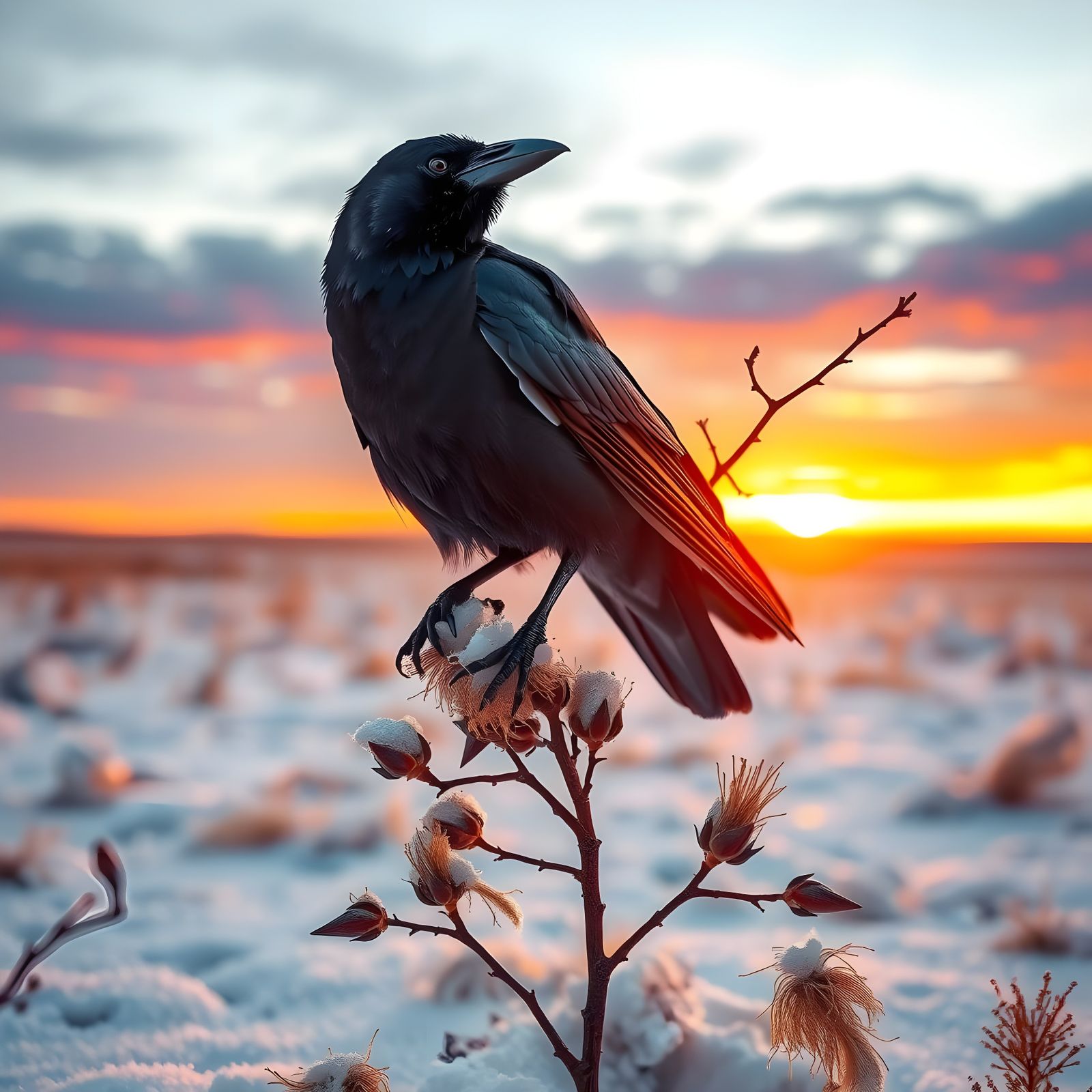 A Crow's Solitary Vigil on a Winter Prairie