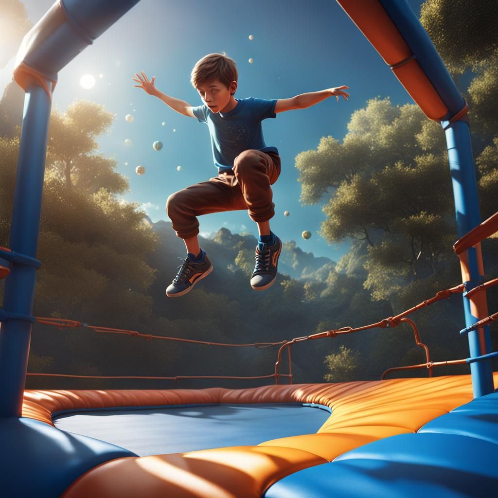 Boy's Trampoline Somersault: Detailed Fantasy Art