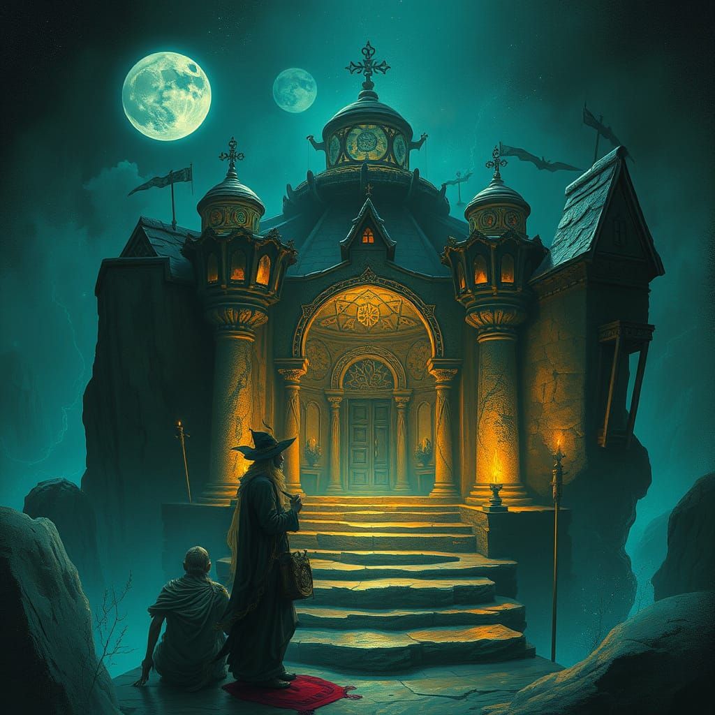 Cryptic Sage in Moonlit Temple: Impasto Neon Art