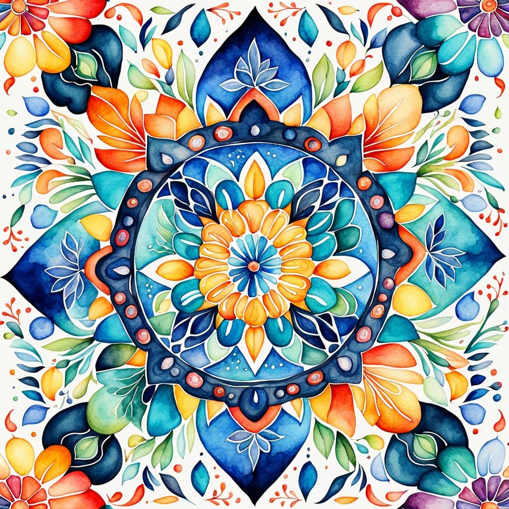 Colorful Symmetrical Pattern in Watercolor Sketch Style