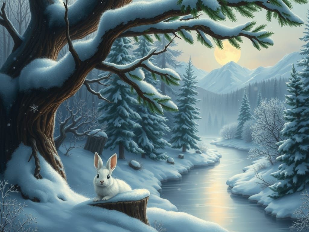 Miniature Rabbit in Snowy Winter Forest