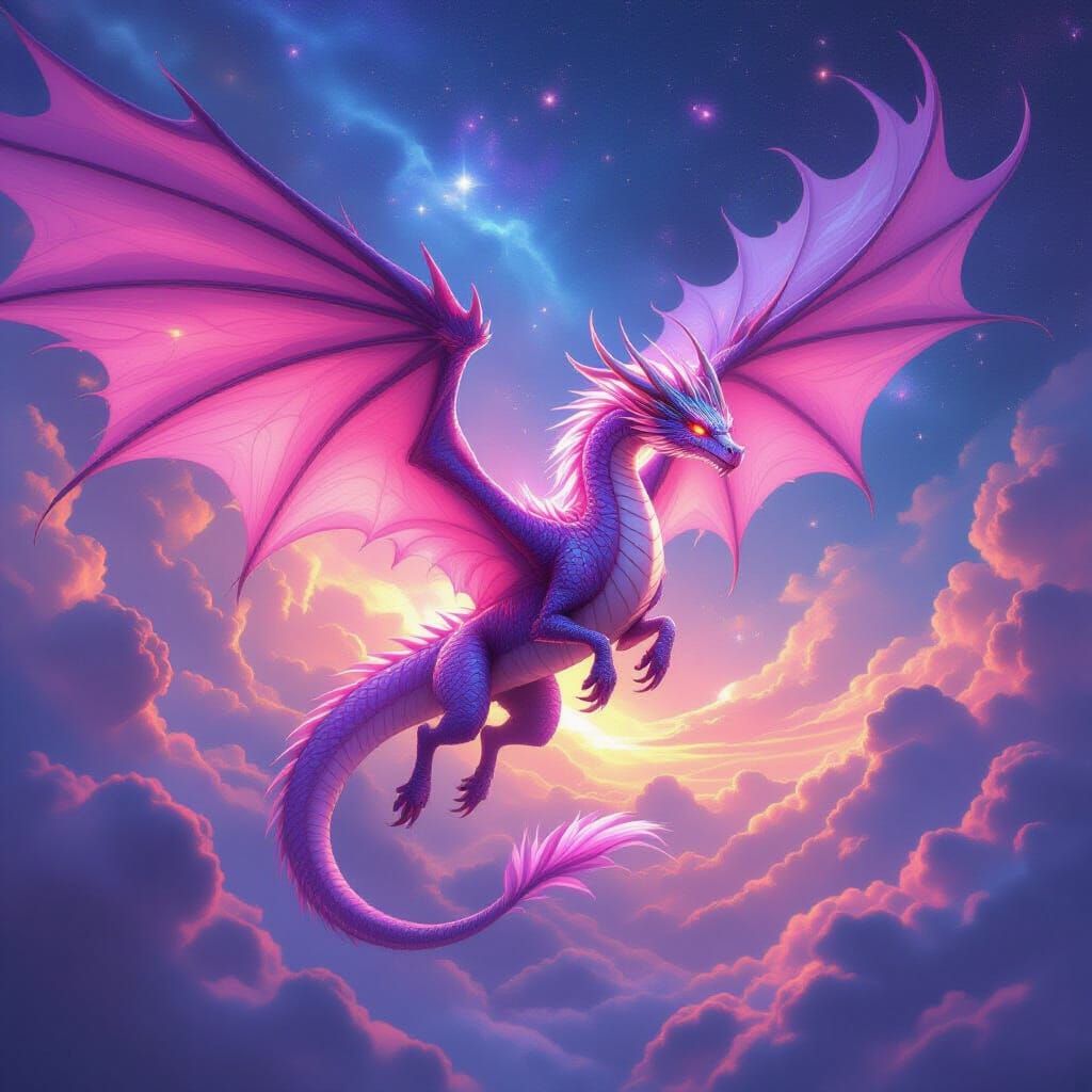Majestic Pink Dragon Soaring Through Nebula Sky