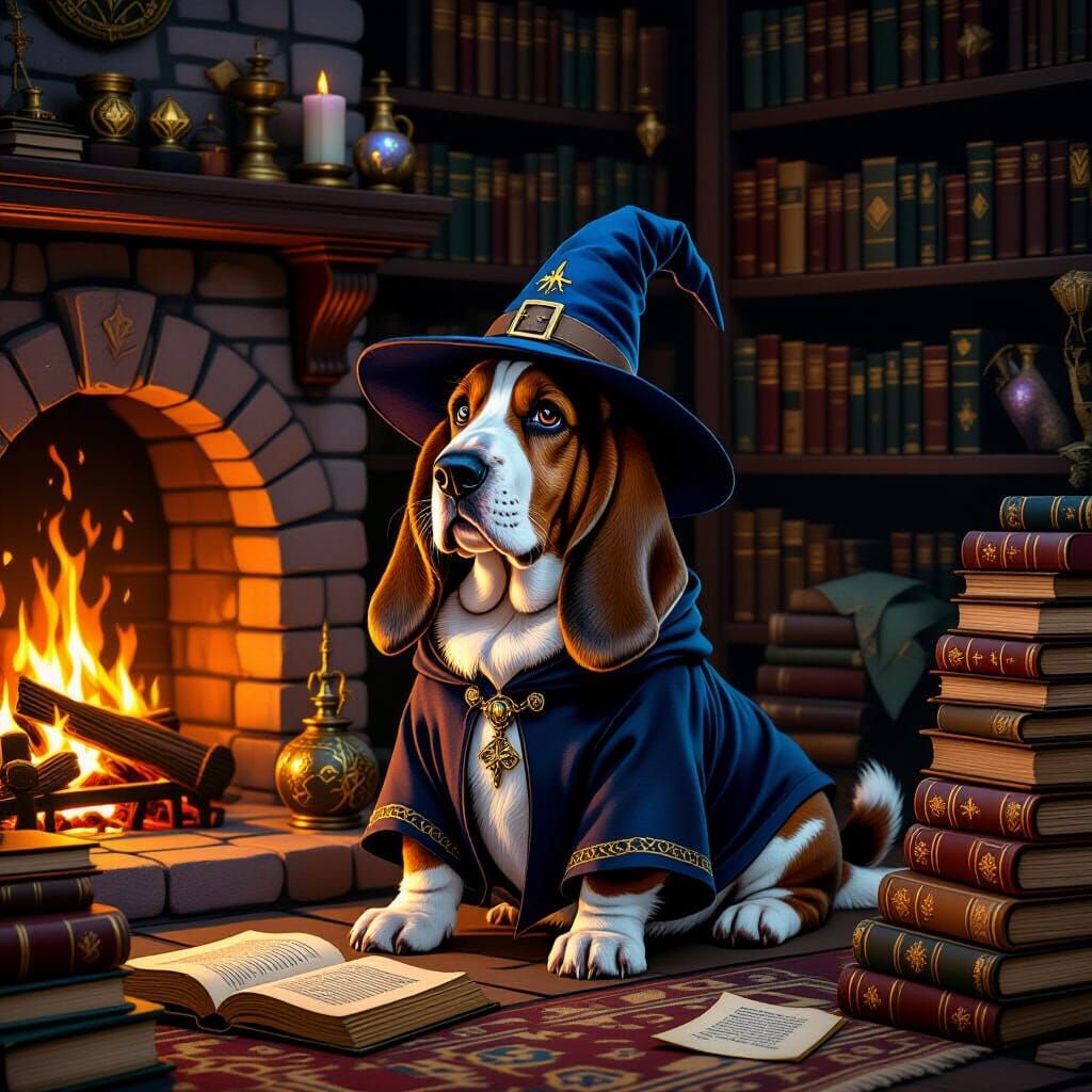 Basset Hound Wizard in Cozy Gothic Study