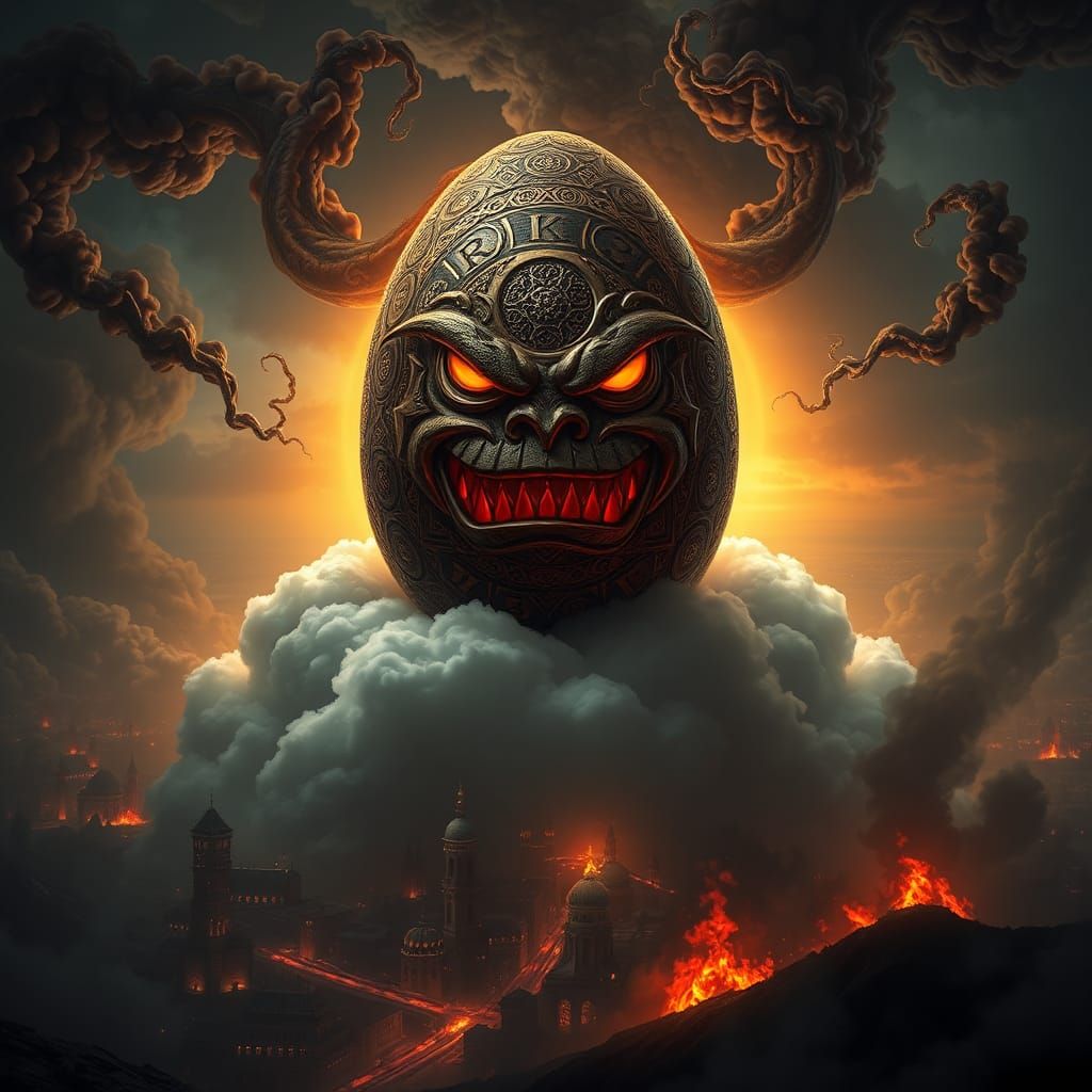 Ornate Egg Sits Above Burning Cities in Dark Fantasy Style