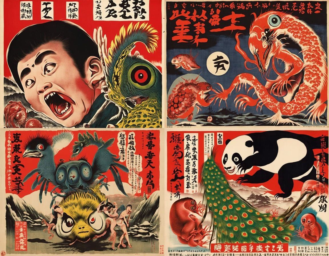 Cyberpunk Horror Woodblock Hybrid Creature