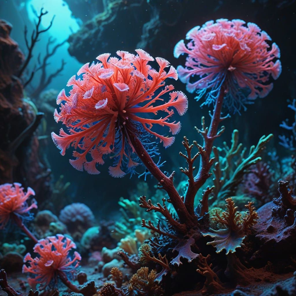 Vibrant Pink and Blue Carnation Coral in Digital Matte Paint...