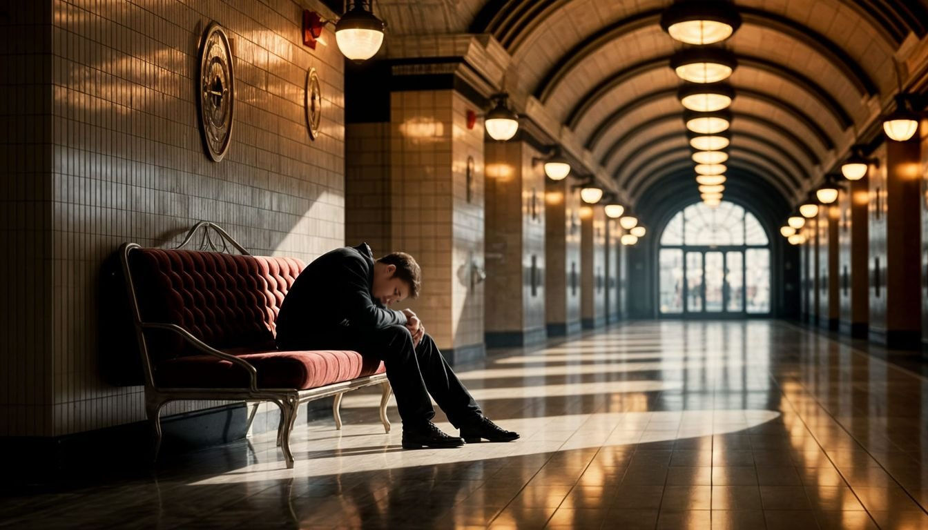 Figure on Vintage Bench in Art Deco Metro Station