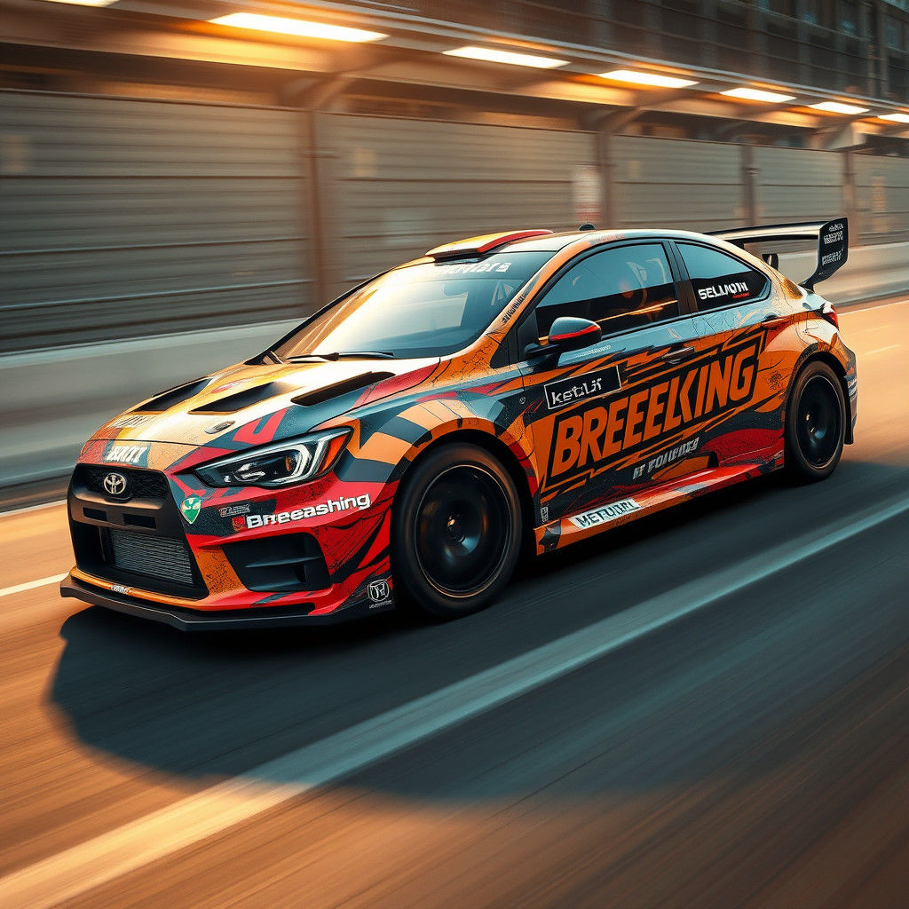 Rally car wrapped in "breaking point" artwork