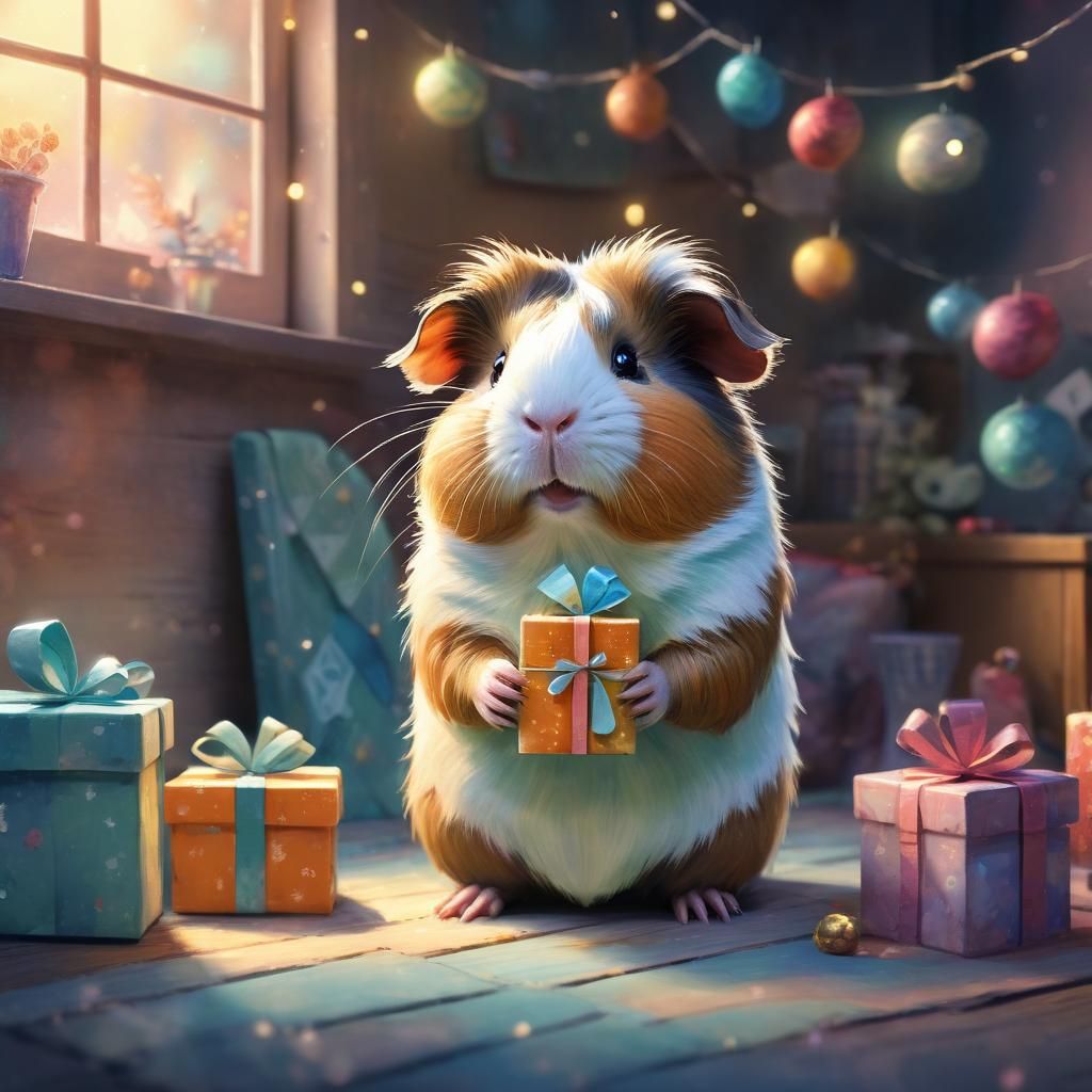 Genius Guinea Pig with Gift in Watercolor Style