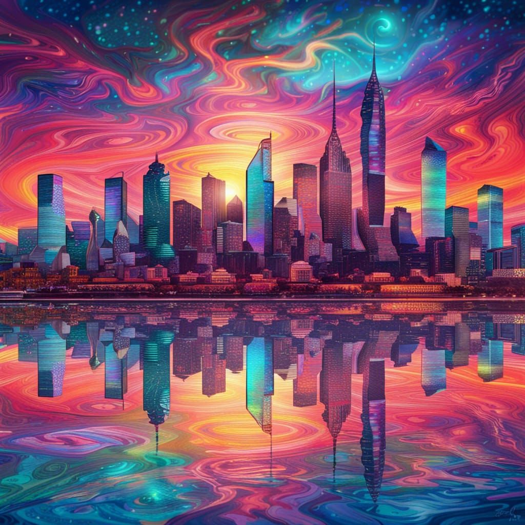 Astral Cityscape at Sunset, Holographic Illustration