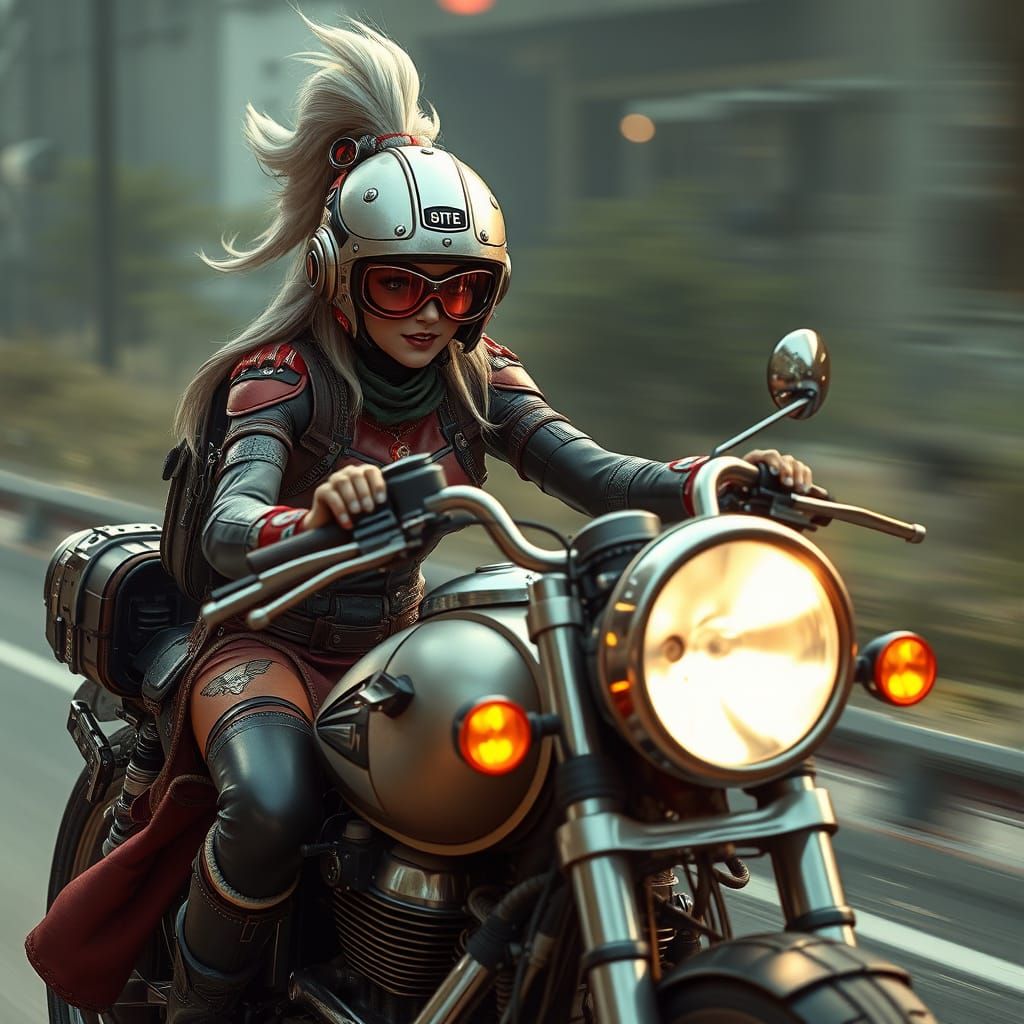 Girl Rides Motorbike in Cyberpunk Style