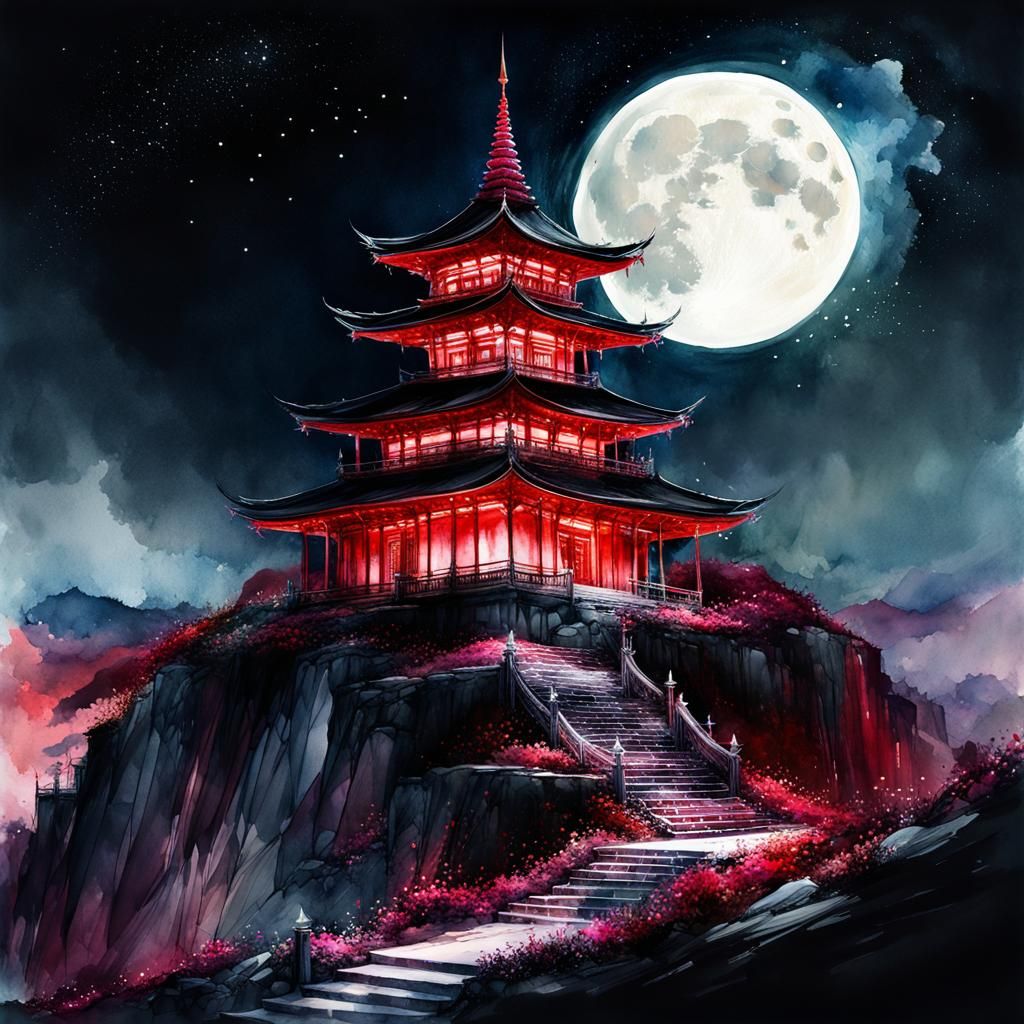 Red Temple Under Galaxy, Watercolor Fantasy Illustration