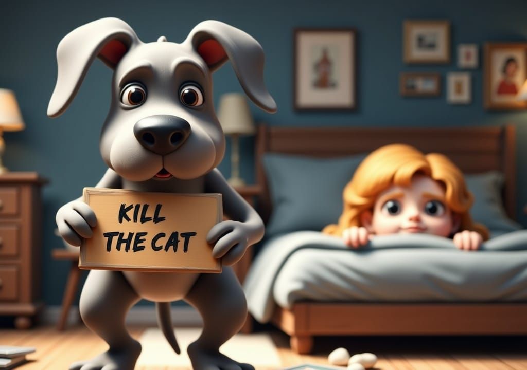 Cartoon Great Dane's Anti-Cat Sign in 3D